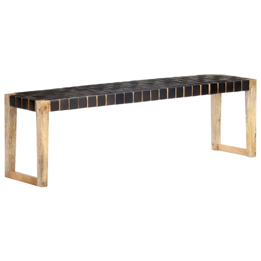 Bank 150 cm Schwarz Echtleder und Massivholz Mango